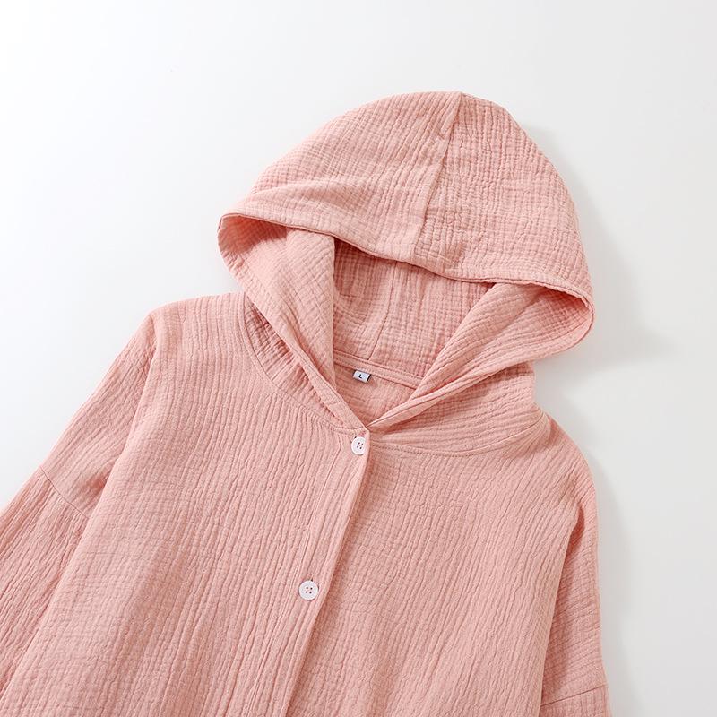 Double-Layer Gauze Cotton Hooded Cardigan Robe Pajamas