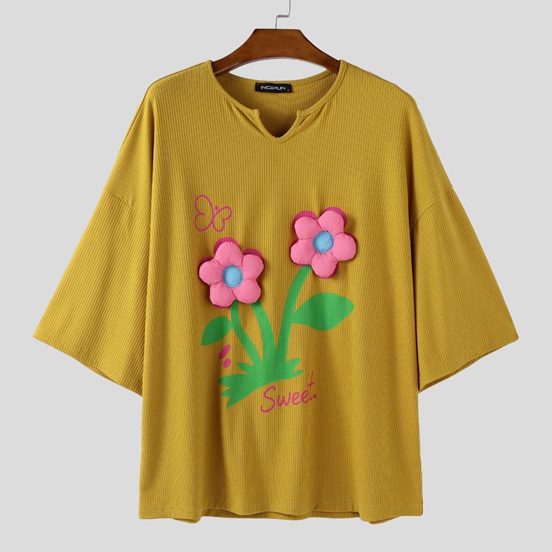 INCERUN Oversized Men Round Neck Short Sleeve 3D Flower Print Stitching Casual Rib T-shirts Tops