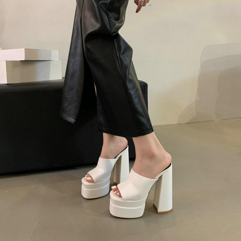 Fashion European And American Thick High Heel Slippers 14.5cm Fish-Mouth Heels With Double Waterproof Platform And Thick Soles