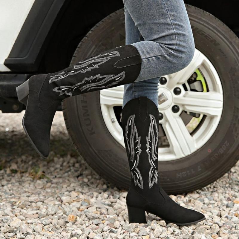 Women's Plus Size Embroidered Over-the-Knee Denim Boots, Chunky Heel Retro Ethnic Stretch Riding Boots