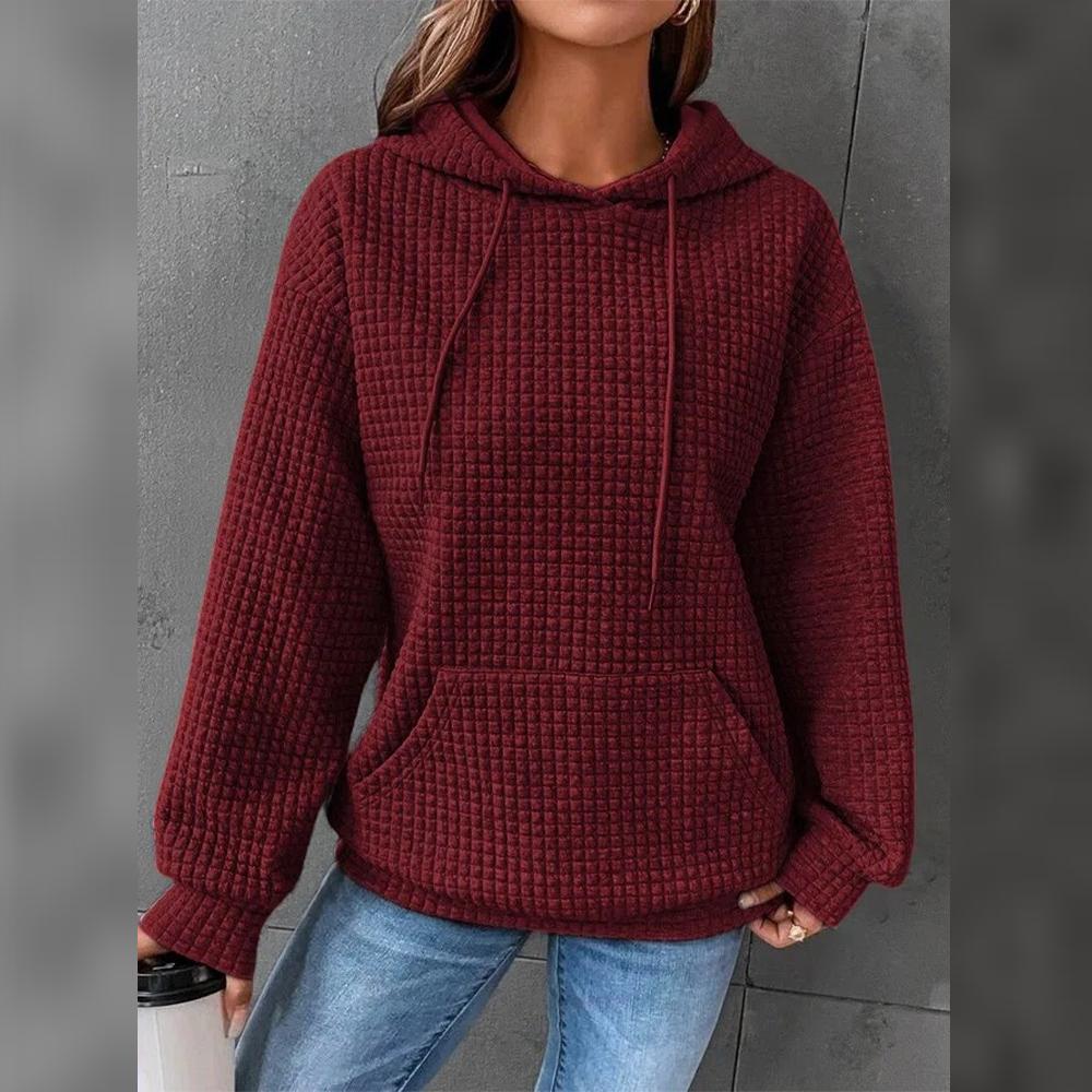 Women Hoodie Plaid Round Neck Pocket Pullover Long Sleeve Solid Color Jacket