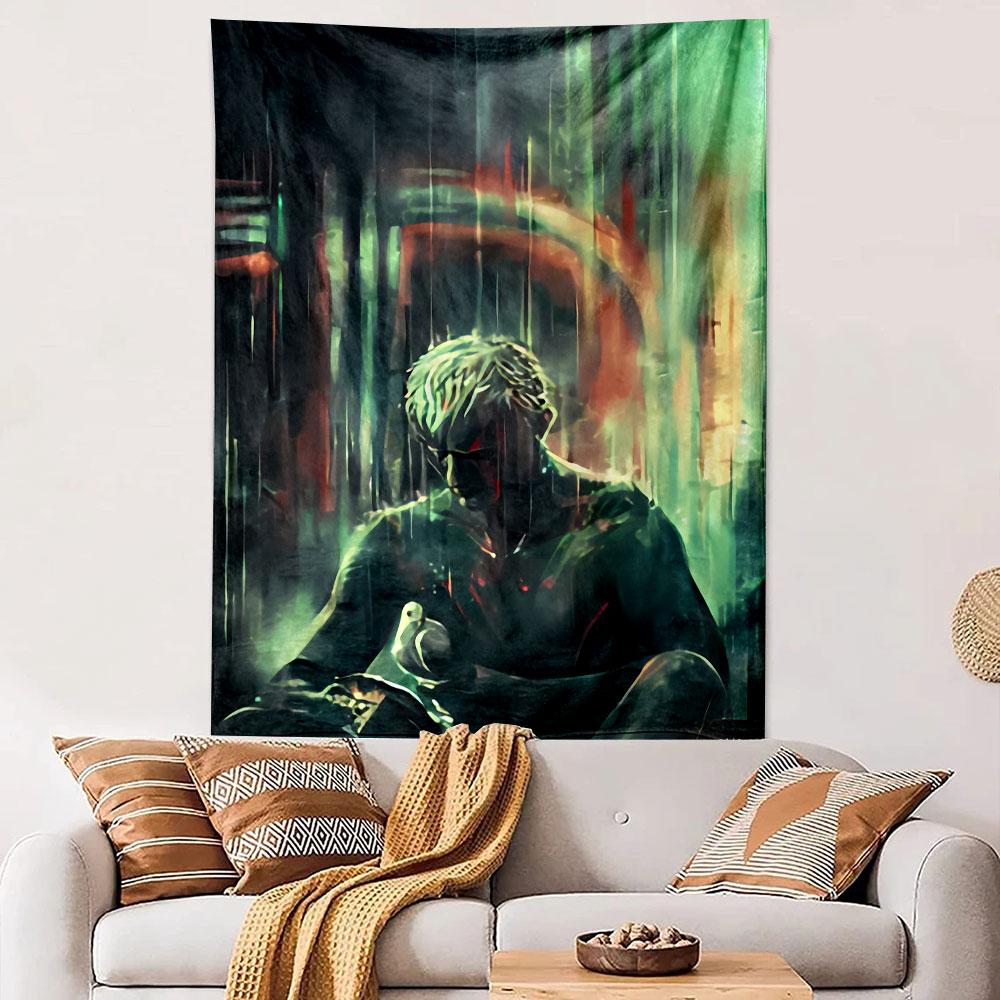 Blade Runner Style Man Tapestry Wall Hanging, White Hair Rain City Digital Art, Futuristic Wall Decor for Bedroom Living Room Dorm