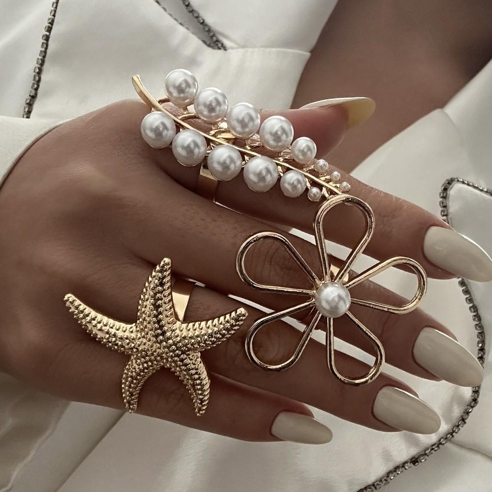 Romantic Flower Shape Starfish Ring Gold Color Metal Pearl Ring Exaggerated Jewelry Flower Ring Beach