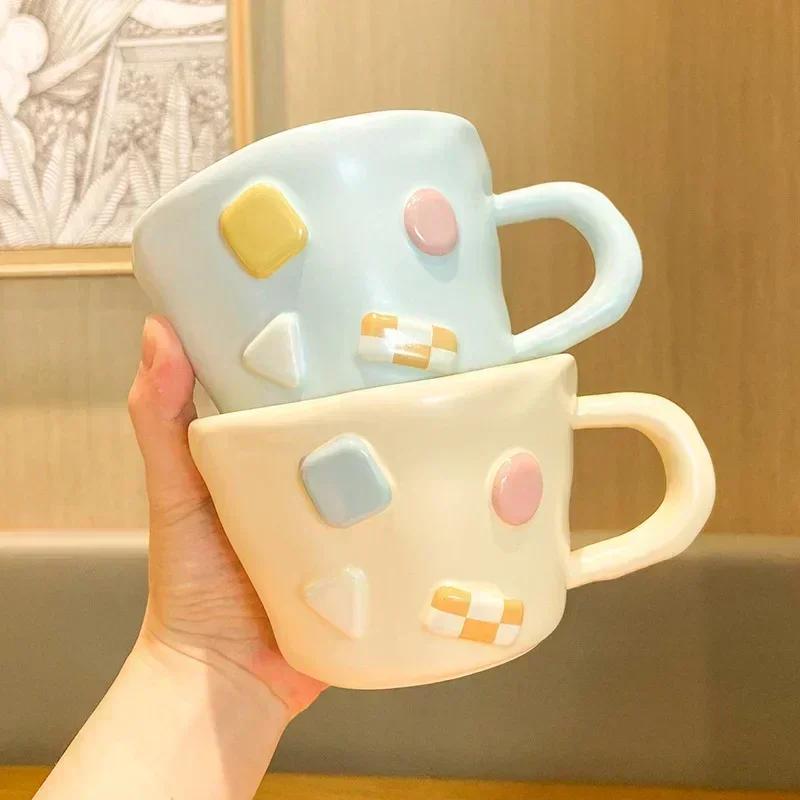 1Pcs 400ML Cute Multi-color Macaron Color Coffee Mug Ceramic Cup Cute Dopamine Three-dimensional Dots Water Cup Attachment