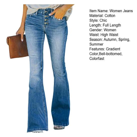 Women Jeans Gradient Color High Waist Button Zipper Closure Slightly Elastic Full