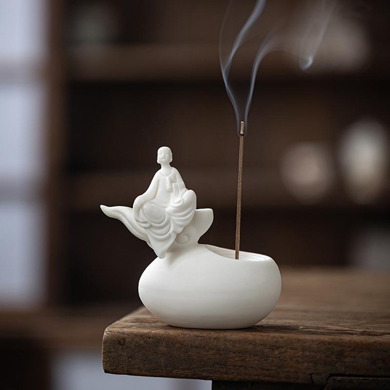 White Buddha Incense Burner Ceramic Tray Chinese White Porcelain Statue Incense Holder Meditation & Aromatherapy Decor