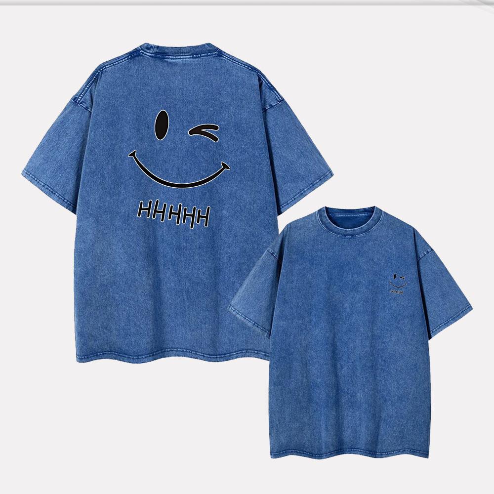Smiling face hahaha simple washed T-shirt short sleeve gender-neutral men and women loose print clothing