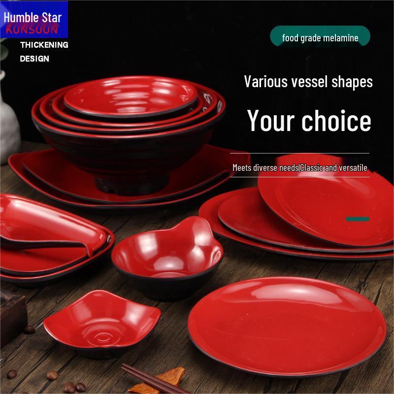 Qianxing Black & Red Melamine Flat Plate (Set of 10)