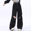 Black Overalls Women Summer Ladies Pants Pockets Elastic Casual Pants Women's Pants  Waist Street Loose Straight Casual Wide Leg Long Pants