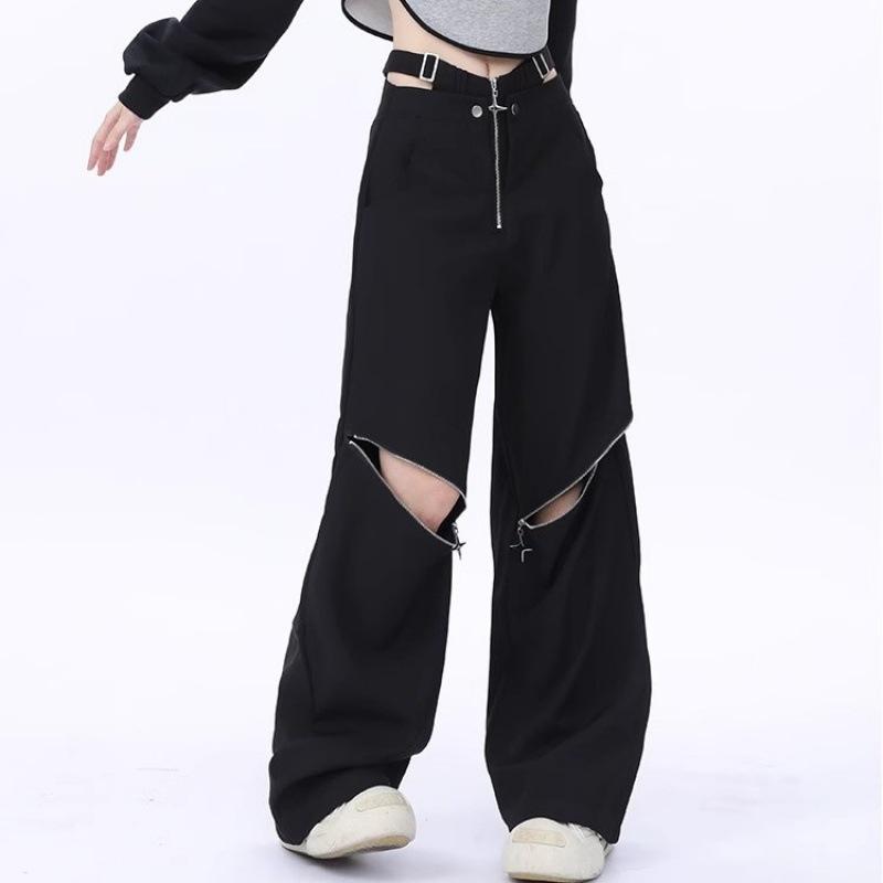 Black Overalls Women Summer Ladies Pants Pockets Elastic Casual Pants Women's Pants  Waist Street Loose Straight Casual Wide Leg Long Pants