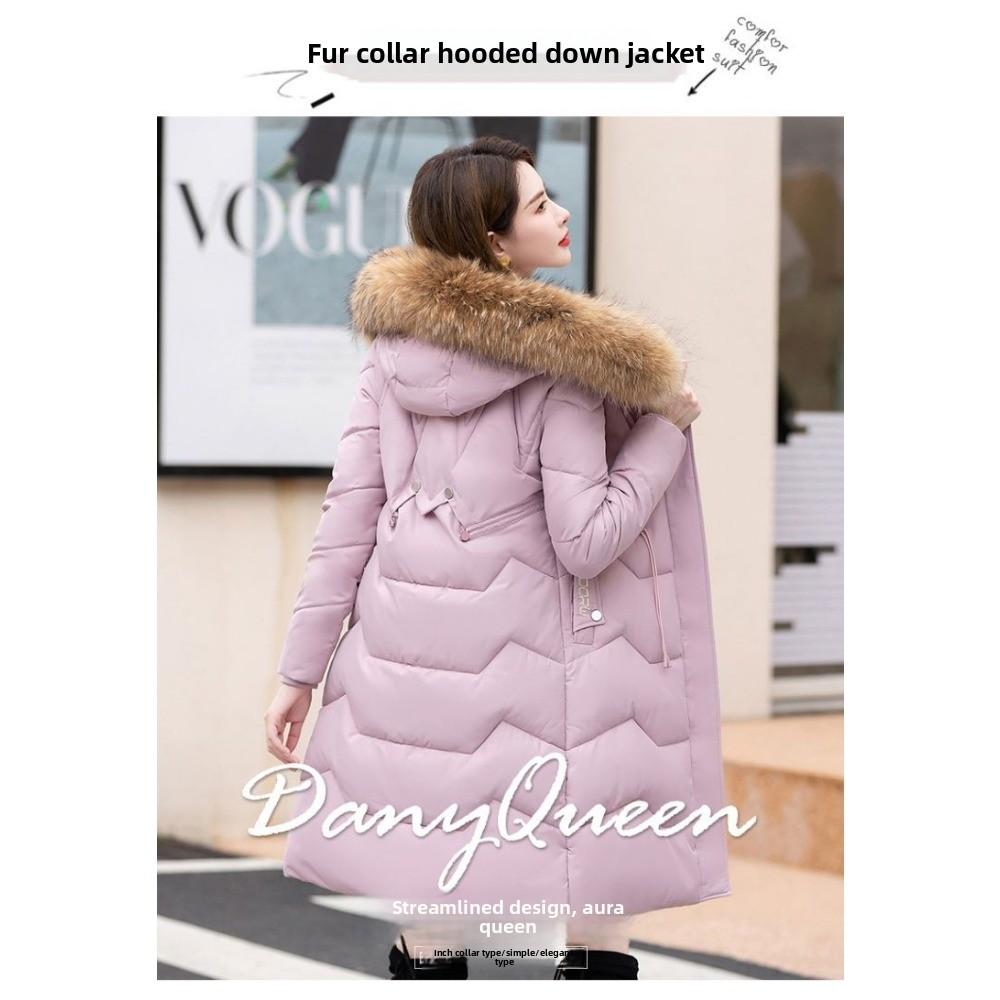 Down Jacket Women's Medium and Long New Slim-fit Fur Collar Warm Duck Down Thickened Jacket Winter