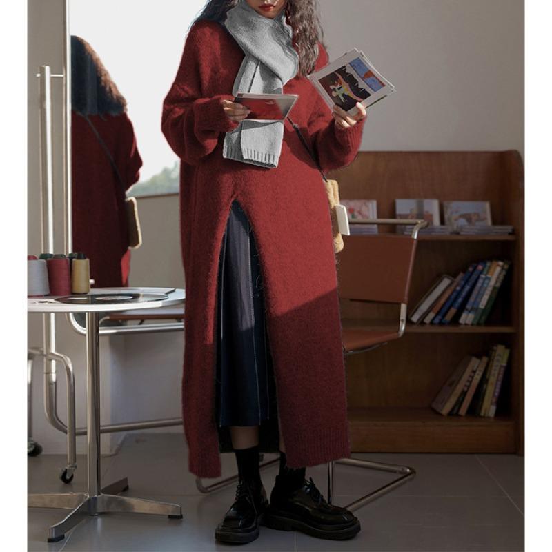 Retro loose lazy wind pullover solid color knee long split knit crew neck sweater skirt