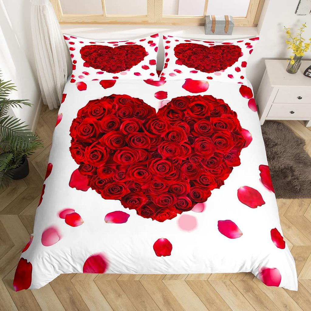 Red Rose Duvet Cover Set King Size, Red And White Comforter Cover Sets With Zipper Closure, Romantic Hearts Lover Bedding Set