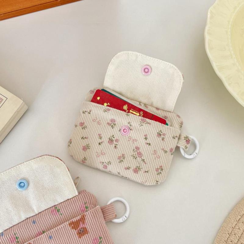 Cute Corduroy Coin Purse Fashion Floral Print Heart Snap Button Mini Wallet for Student School Carry Change Jewelry Storage