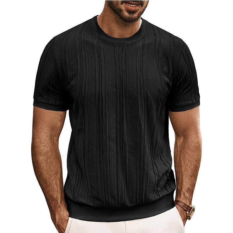 Mens Short Sleeve Jacquard Knit Round Neck Pullover T Shirt S