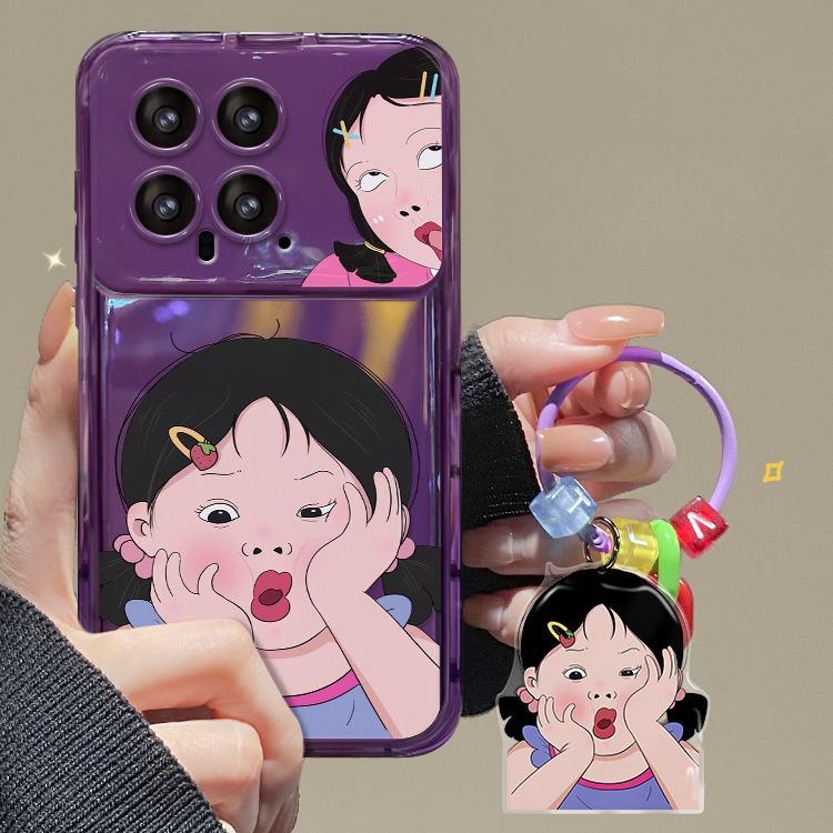 Anwendbar auf Xiaomi 14/13pro Handyhülle Redmi K70/60 Niedlicher Lustiger Mädchen-Anhänger Silikon Klappspiegel