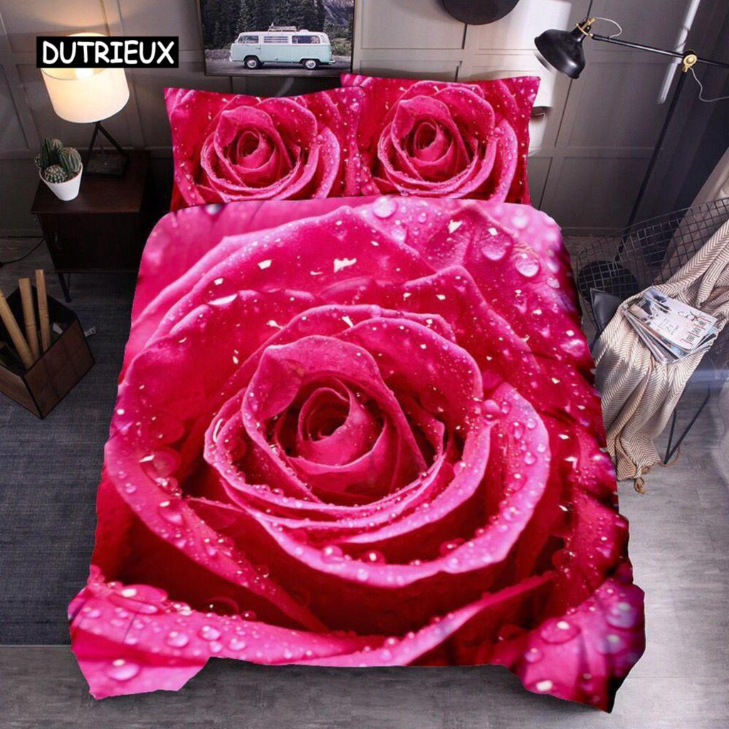 Flower Duvet Cover Set King Microfiber Red Rose Blossom Flower Bedding Set Red Botanical Comforter Cover Romantic Quilt Cover