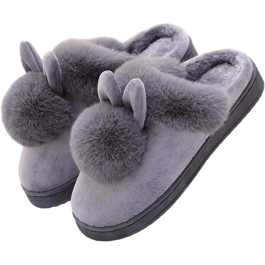 Warm Fluffy Slippers Women's Room Shoes Anti-slip Indoor Shoes Fur Fluffy (Gray, 22.0-22.5 cm)