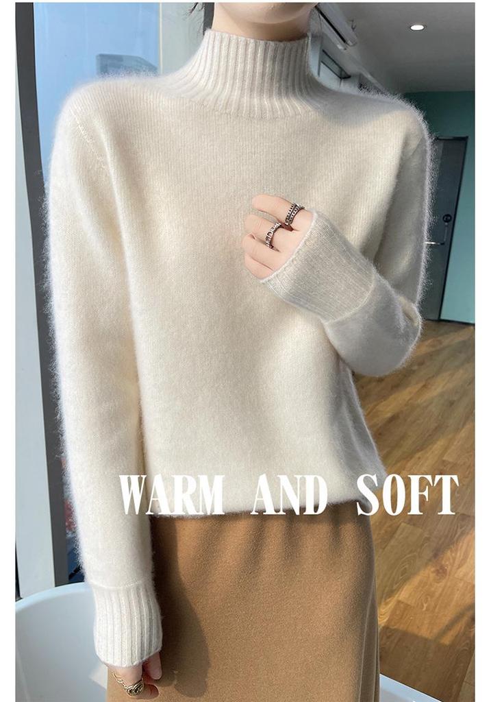 Women's Autumn/Winter Wool Sweater, Half High Neck, Loose Fit, Knit Base Layer, Seven Gauge, Thickened