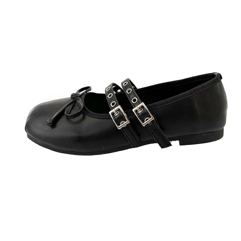 Retro Mary Jane Shoes Women's New Bow Buckle Belt Flat Bottom Inner Height Increase Single Shoes Ballet Leather Shoes