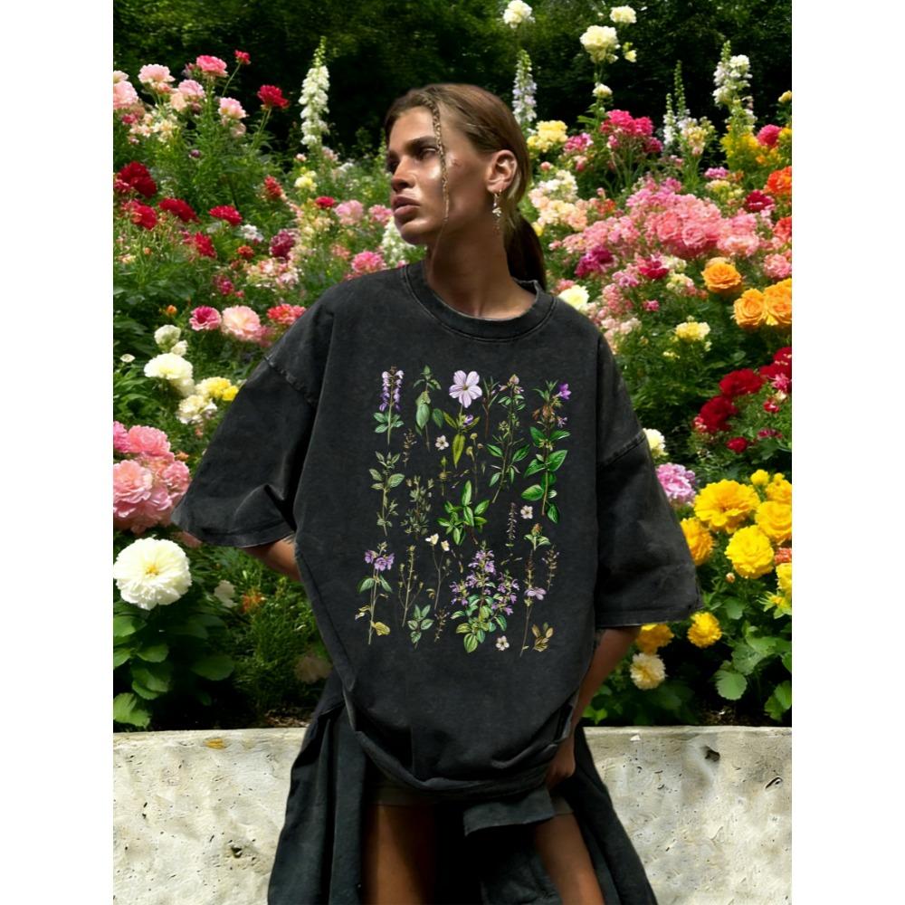 T-shirt Lavé Imprimé Fleurs Violettes Rétro Plantes Herbacées Femme Été Salle de Sport Manches Courtes Coton Hauts Amples T-shirt