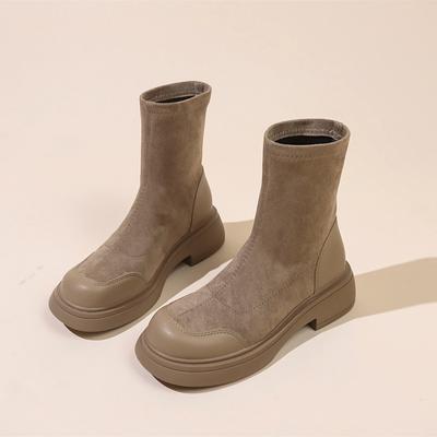 2025 Neue Wildleder Kurze Martin Boots Koreanischer Stil Mittlerer Dicker Absatz Elastische Schlupfschuhe Dicke Sohle Runde Zehenstiefel