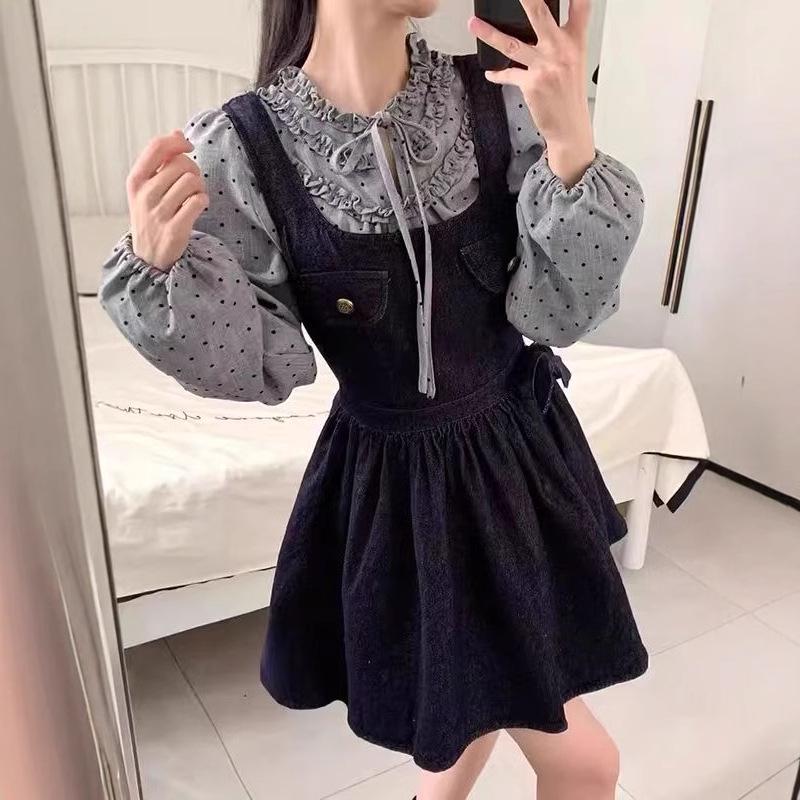 

Очаровательное джинсовое платье-жилет с бантом и осенний комплект рубашки в горошек для женщин XL