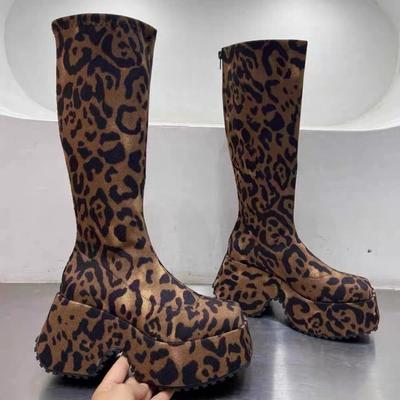 Leopar Diz Üstü Çizme Kadın Platform Kar Botları Süet Kare Burunlu Ayakkabılar 2024 Trend Tasarım Yüksek Topuklu Chelsea Çizme Gotik Botlar