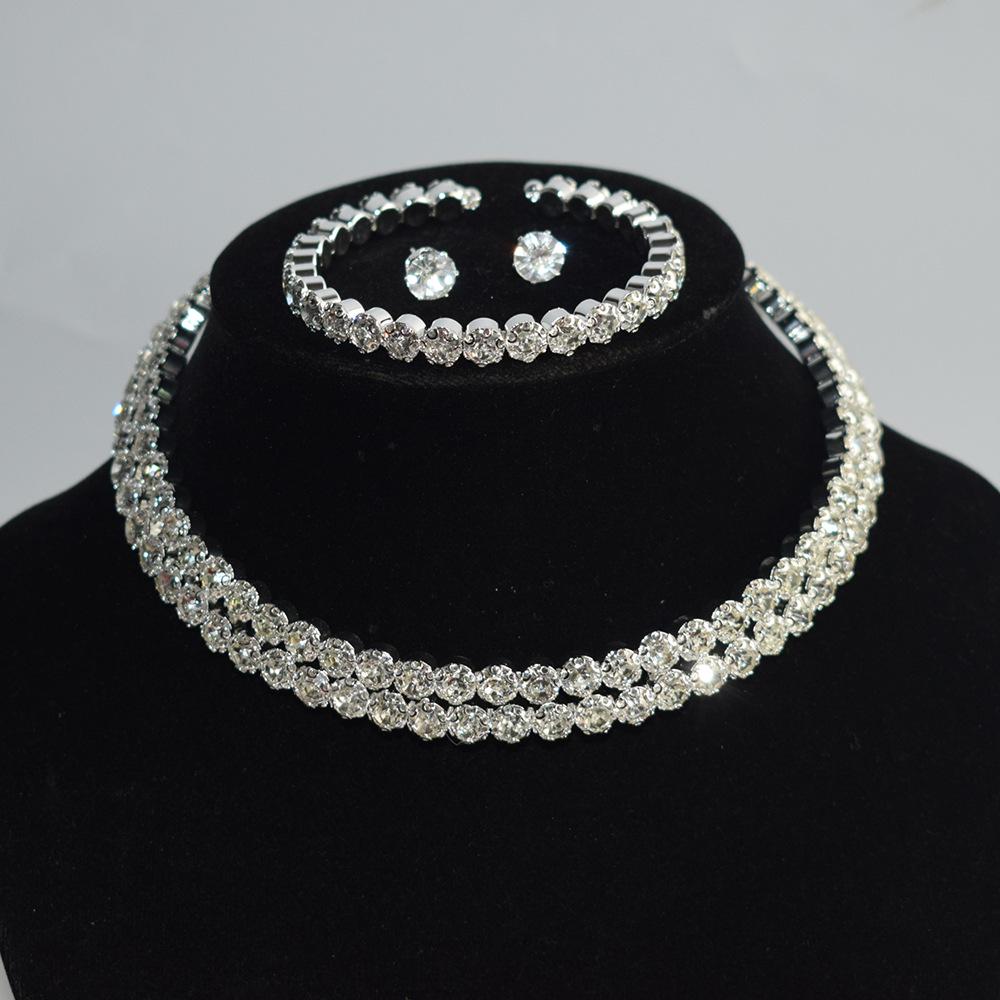 Gold & Silver Rhinestone Jewelry Set: Choker, Bracelet, Stud Earrings, & Necklace