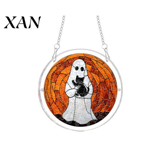 Window Hanging Decoration Halloween Scary Bat Pumpkin Acrylic Jigsaw Puzzle Suncatcher, Stained Glass Style Stainless Steel Chain Hanger Decor