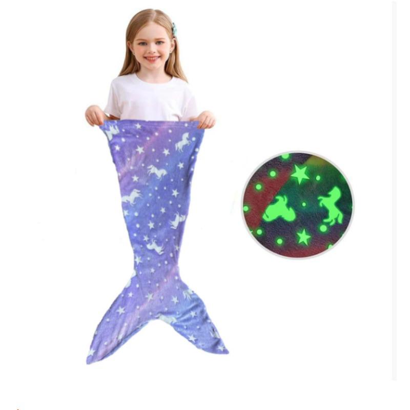 Cartoon Rainbow  Mermaid Tail Blanket Super Soft Glow In The Dark Flannel Mermaid Tail Blanket Girls Sleeping Bag