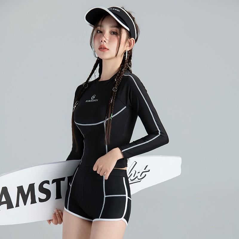 Womens Long Sleeve Rash Guard Swimsuit Set UV Protection Conservative Bikini Hot Swimming