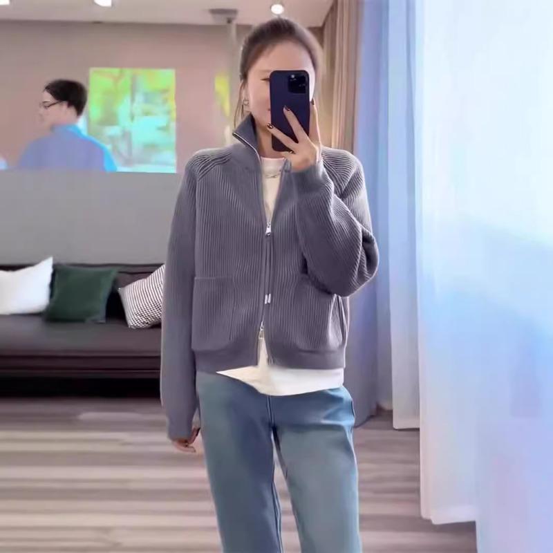 Autumn Winter Stand Collar Vintage Zipper Cardigan Sweater Women Casual Fashion Solid Color Knitting Cardigan Top