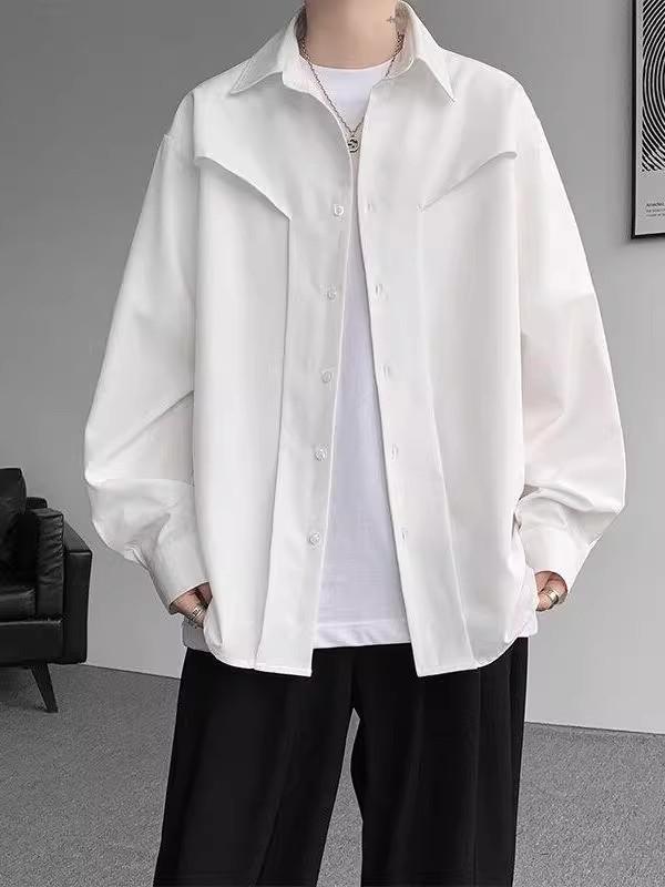 Men s Loose-Fit Lapel Long-Sleeve Shirt with Shoulder Flap Trendy Streetwear Long-Sleeve Shirt Men s Casual Top Regular  Long-Sleeve Solid Color Shirt M