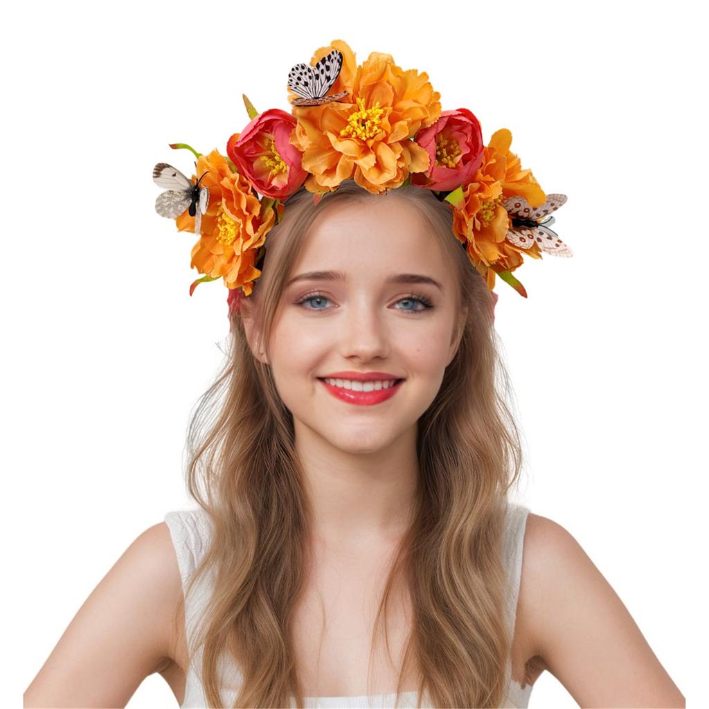 Fabric Flower Headband for Music Festival with Butterfly Decors Music Festival Accessory Hairhoop Wedding Bride Headwear