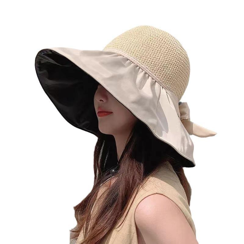 Women's Large Brim Black Sun Hat - UV Protection Summer Beach Fisherman Hat