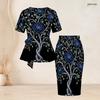 Women Plus Size Two Piece Skirt Set Round Neck Short Sleeve Floral Printed Tie Waist Top Fitted Skirt