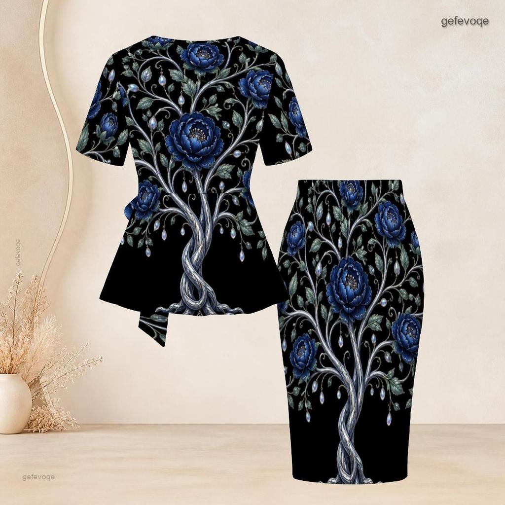 Women Plus Size Two Piece Skirt Set Round Neck Short Sleeve Floral Printed Tie Waist Top Fitted Skirt