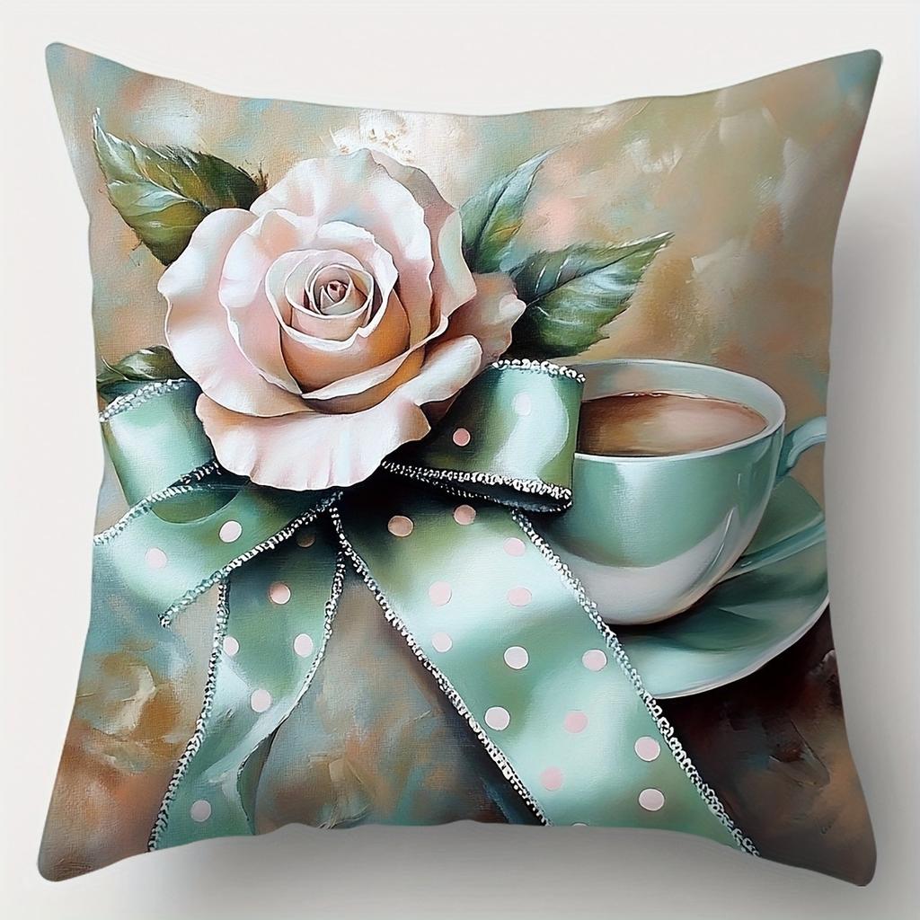 Pink Rose and Polka Dot Bow Pattern Home Decor Pillowcase Living Room Sofa Polyester Cushion Cover with Zipper