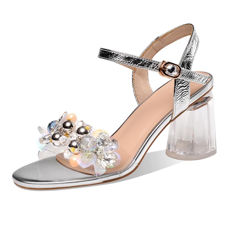 

Luxury Women s Sandals Gladiator Summer Shoes 2025 Clear Block Heels Flip Flops Red Silver Footwear Shoes Girls Fashion Flower 39 срібний