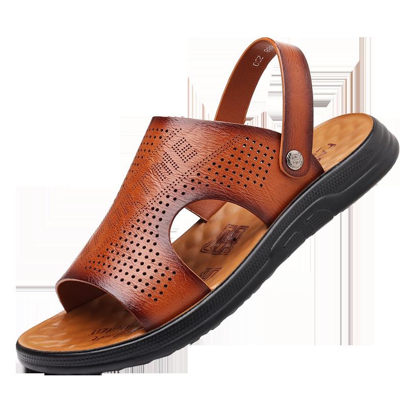 Men's leather sandals men's summer waterproof and non-slip slippers breathable two wear beach shoes trendy thick-soled sandals wear-resistant
