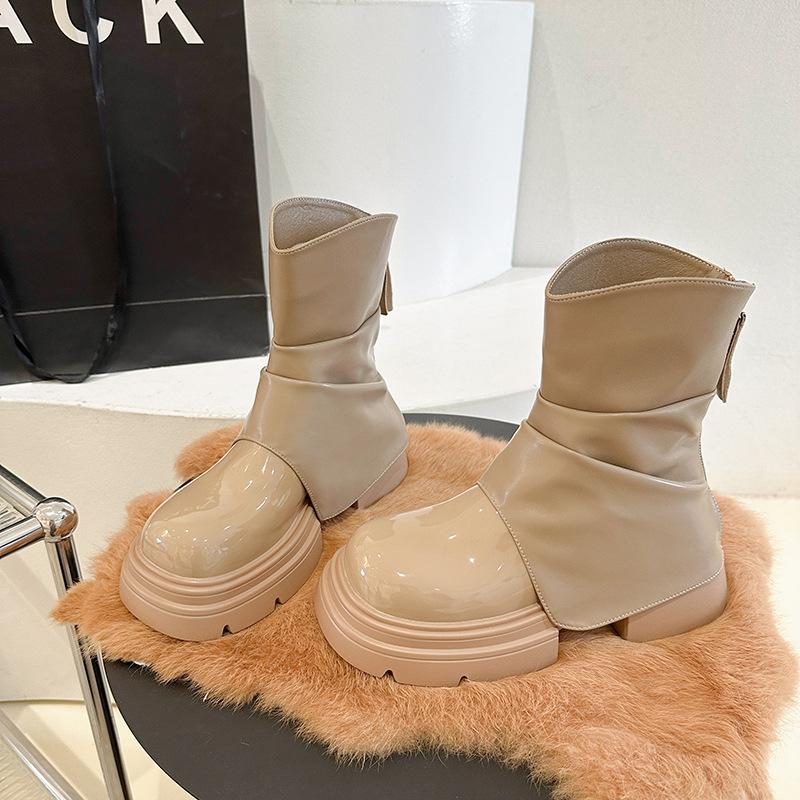 

Thick-soled Martin boots women s 2025 autumn and winter new French retro small short boots rear zipper trouser boots casual thin boots 40 хаки