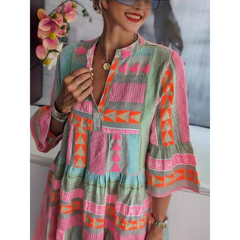 Printed V-neck Seven Quarter Sleeve Dress Print V-neck 3/4 Sleeves Dress