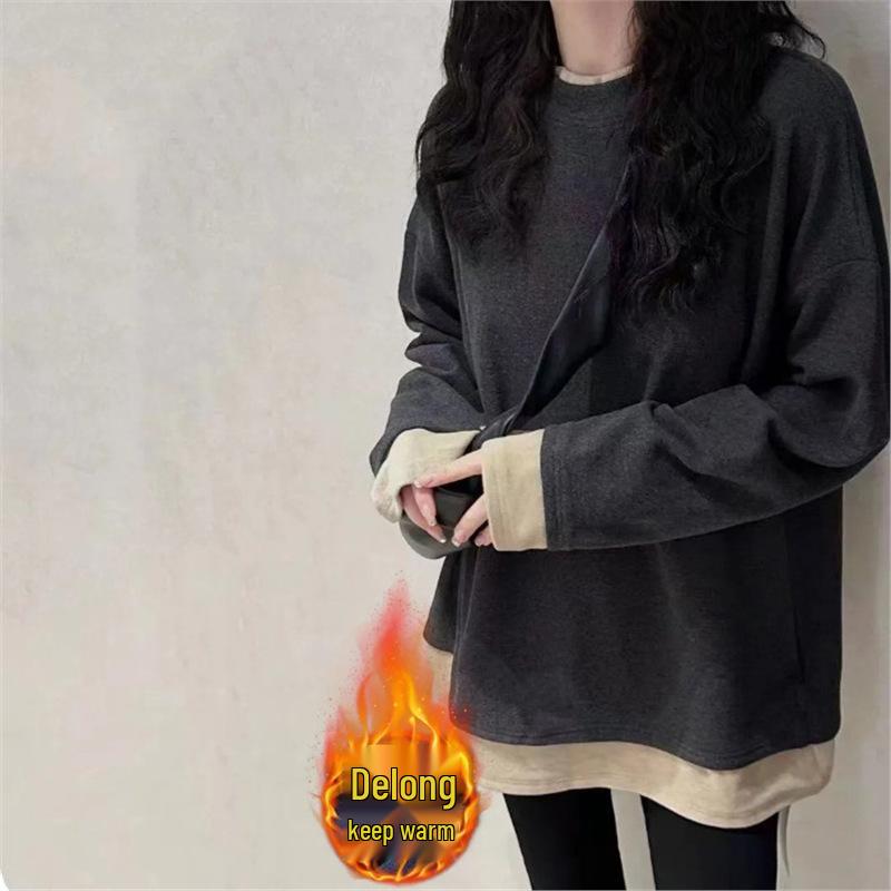 

Двусторонняя бархатная лоскутная женская футболка с длинным рукавом большого размера XXL серый