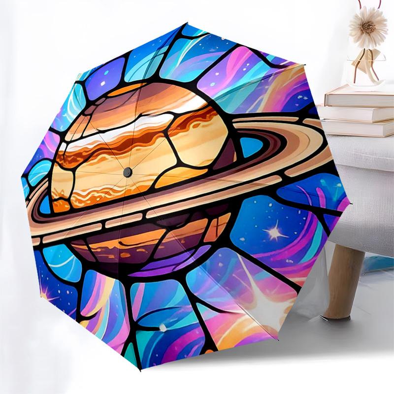 

1pc Stained Glass Saturn Design Automatic Folding Umbrella - Portable Tri-Fold Design, 8-Bone Iron Frame Outdoor Umbrella, Ideal Gift for Fans, Travel
