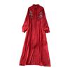 French retro three-dimensional flower embroidery red A-word dress women's autumn long-sleeved thin temperament long dress