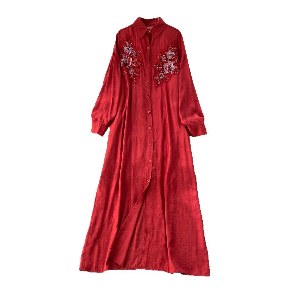 French retro three-dimensional flower embroidery red A-word dress women's autumn long-sleeved thin temperament long dress