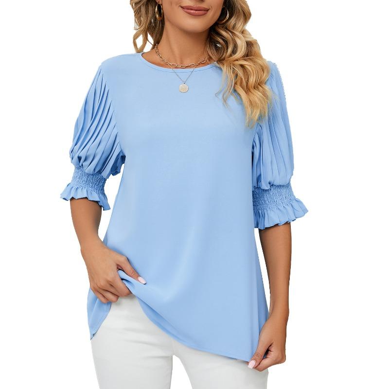 

Женская однотонная блузка из шифона свободного кроя с круглым вырезом и оборками XXL синий