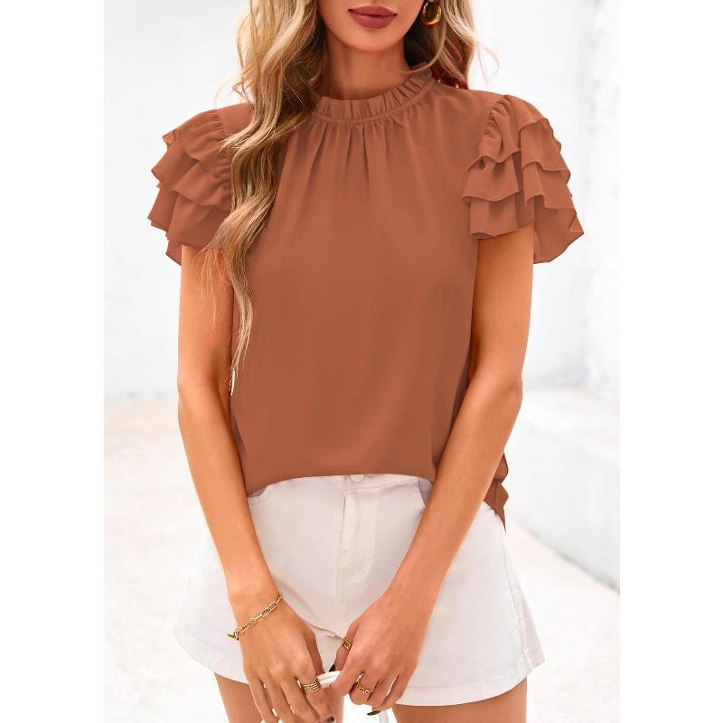 

JKASHDK Женская мода Повседневная Летняя Весна Однотонные принты Короткие рукава О-образный вырез Блузки и рубашки XXL коричневый