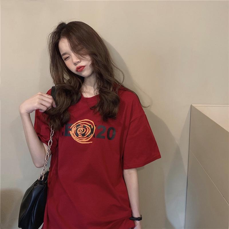 2024 Korean Summer Loose Round Neck Letter Print Mid-Length Casual Short Sleeve Women's T-Shirt